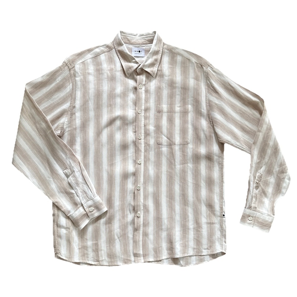 NN07 Deon 100% Linen Shirt Men 2XL Beige Striped Button Front Portugal